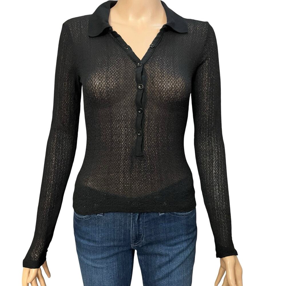 Frame Mesh Knit Polo Shirt XS Black Long Sleeve Sheer Minimalist Quiet Luxury